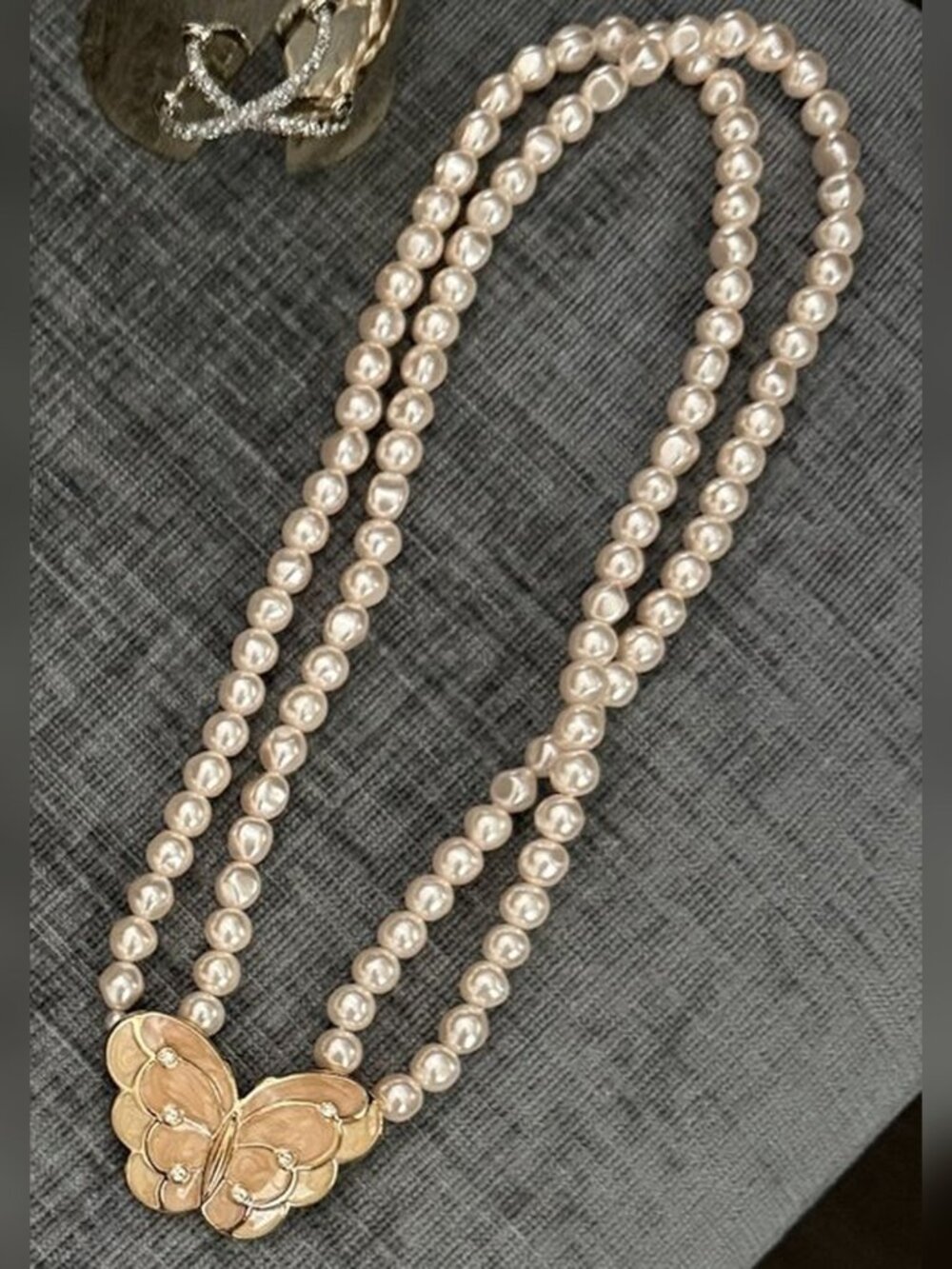 Double Strand Blush Pearl Necklace with Enamel Butterfly